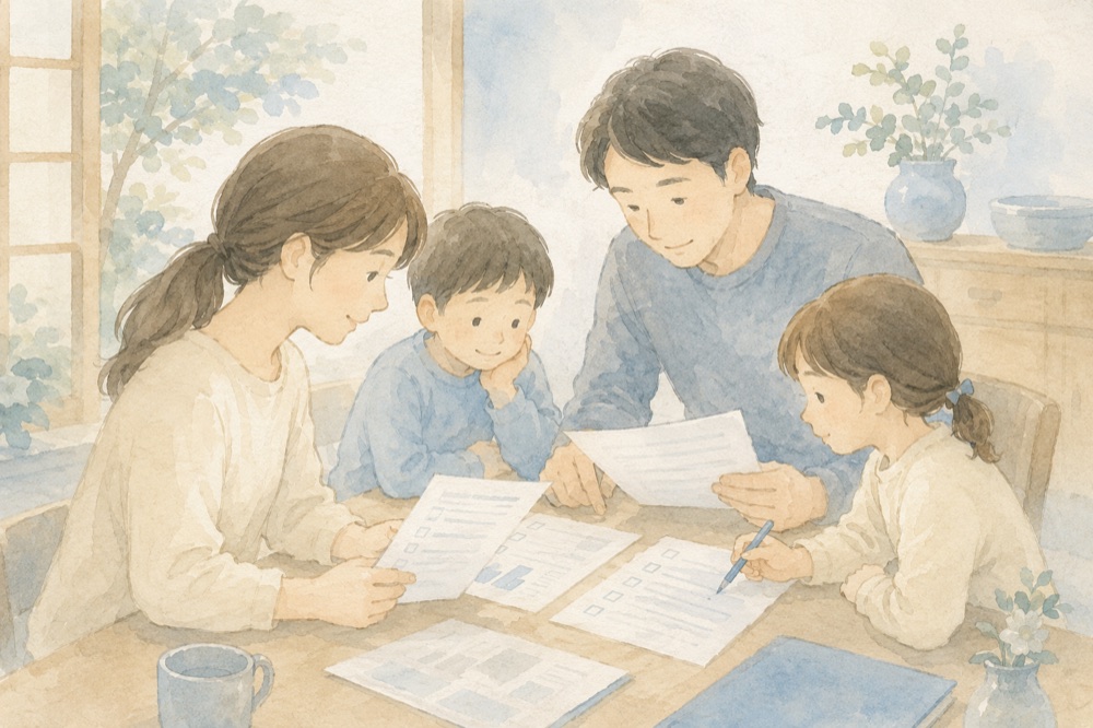 介護費用の負担段階をチェックリストで一つずつ確認する家族のイラスト