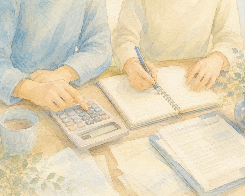 電卓とノートで介護施設の月額費用を計算する手元のイラスト