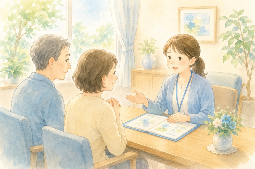 介護施設の相談員（ケアマネジャー）に費用について相談し、安心する家族のイラスト