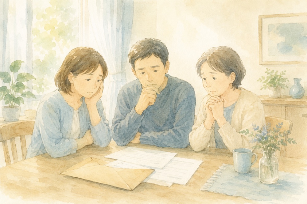 介護施設から届いた料金改定の書類を前に、不安そうに話し合う家族のイラスト